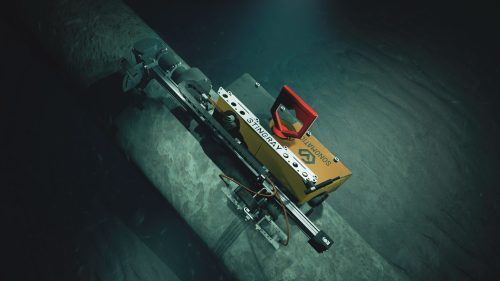 A 3D visualisation of Sonomatic's Stingray performing a pipeline inspection A 3D visualisation of Sonomatic's Stingray performing a pipeline inspection